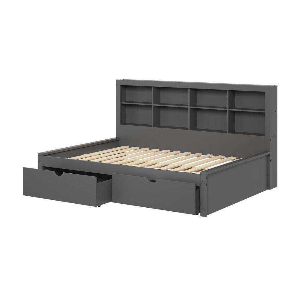 Dark gray full daybed with bookcase headboard and two pull-out storage drawers