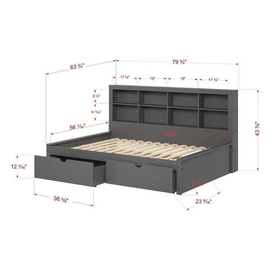 Donco full daybed bookcase with dual drawers in dark gray, shown with precise dimensions.