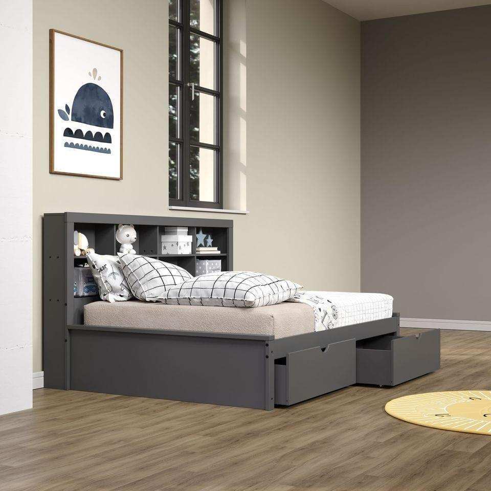 Dark gray full daybed with bookcase headboard and dual storage drawers in modern bedroom