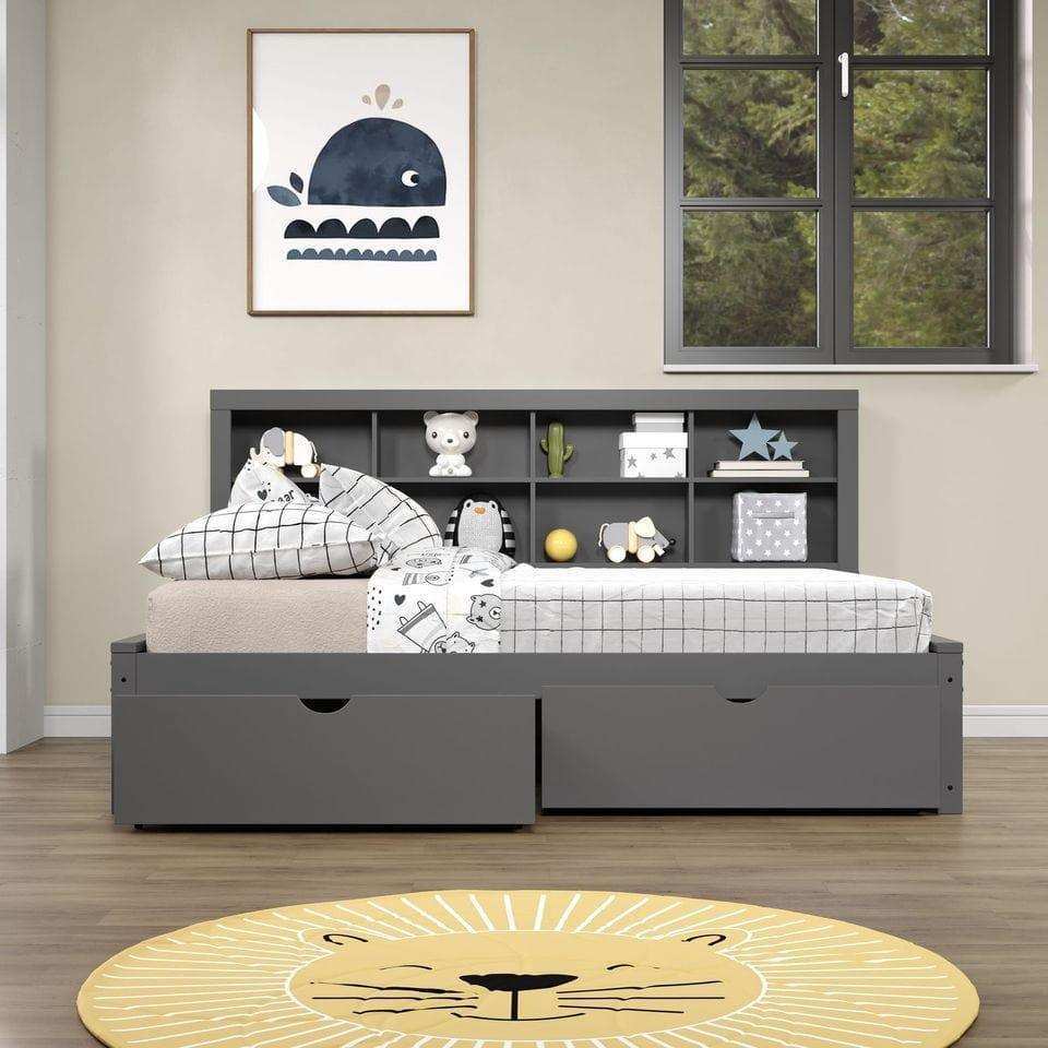 Dark gray full daybed with bookcase and dual drawers in modern kids bedroom