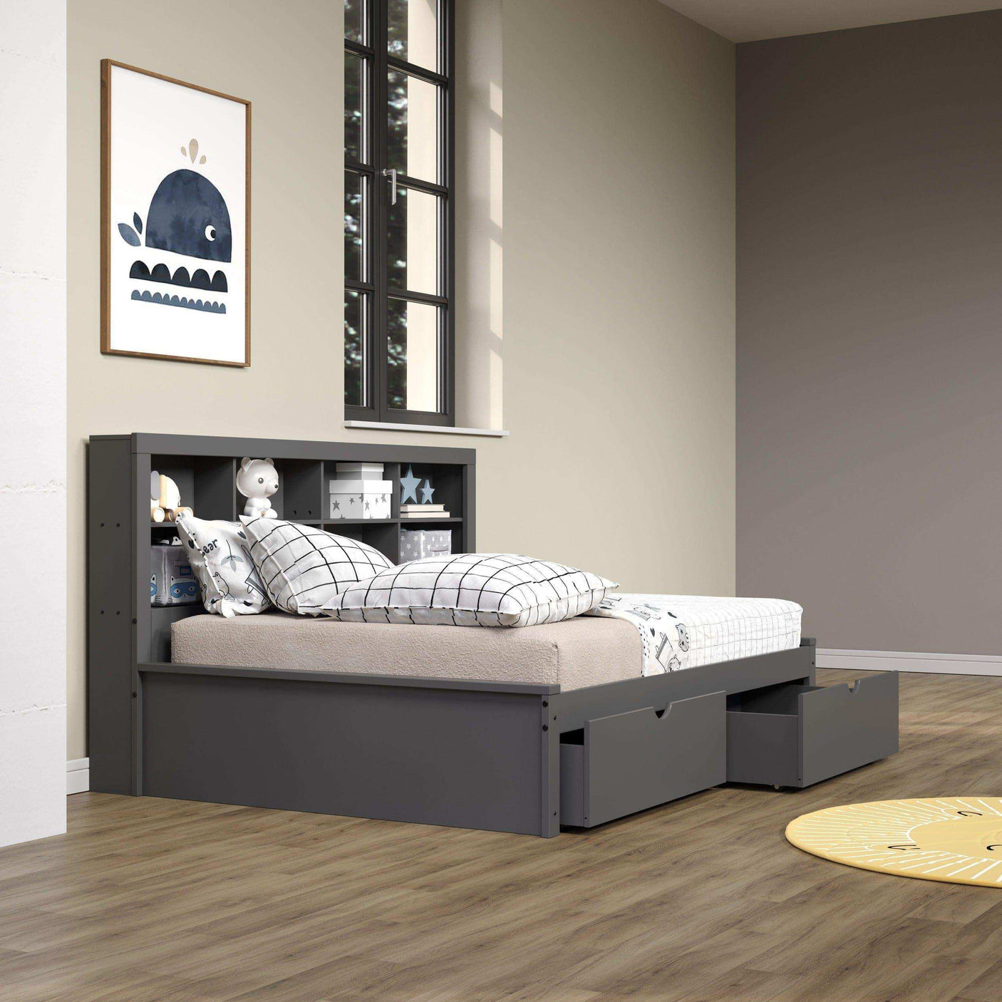Dark gray full daybed with bookcase headboard and dual drawers in modern bedroom