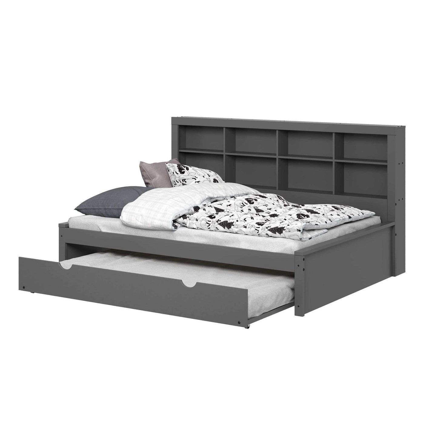 Dark gray full daybed with bookcase headboard and twin trundle bed, modern bedroom furniture