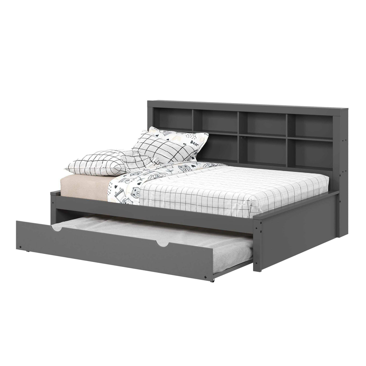 Dark gray full daybed with bookcase headboard and twin trundle bed, modern bedroom furniture