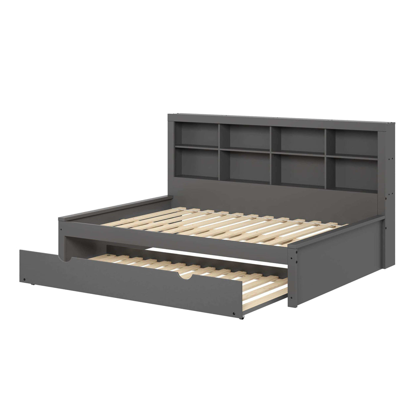 Dark gray full daybed with bookcase headboard and pull-out twin trundle bed