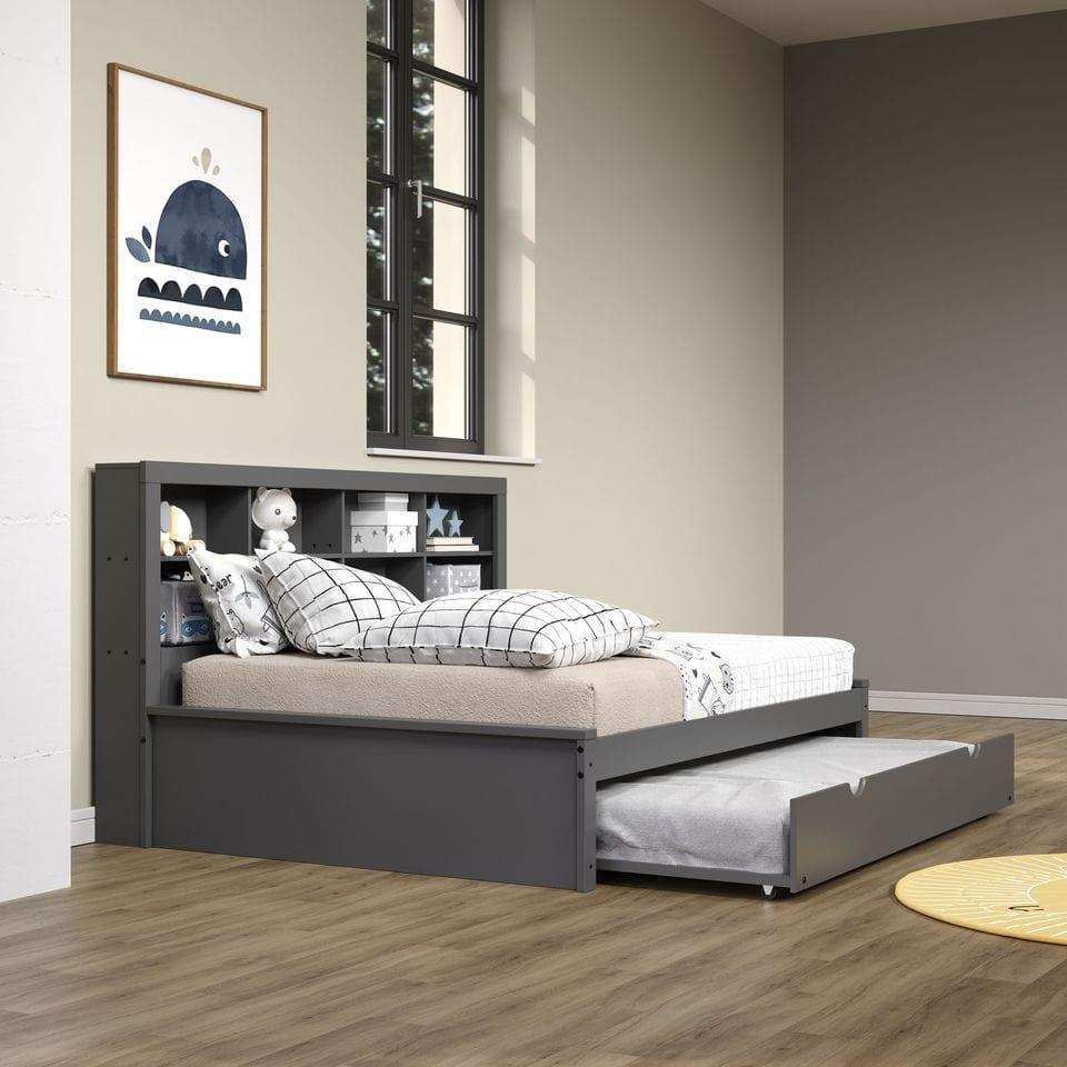 Dark gray full daybed with bookcase headboard and twin trundle in modern bedroom