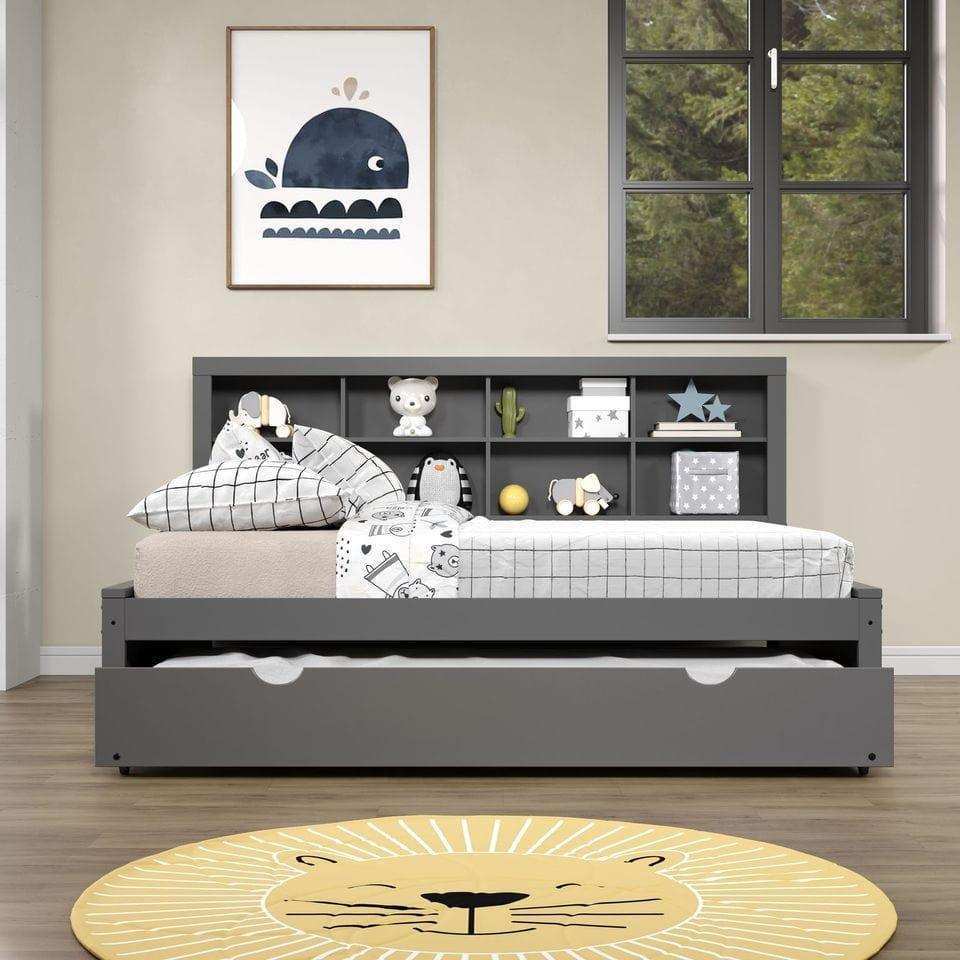 Dark gray full daybed with bookcase headboard and twin trundle in stylish kids room