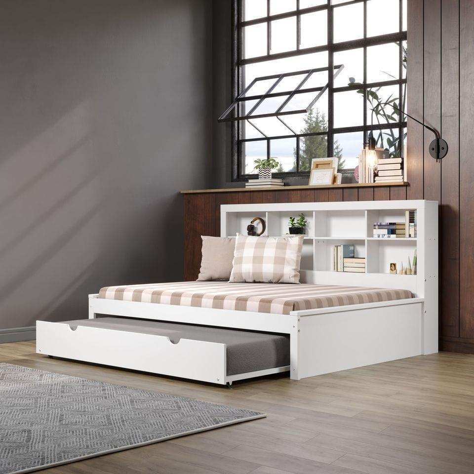 White full daybed with bookcase headboard and twin trundle in modern bedroom