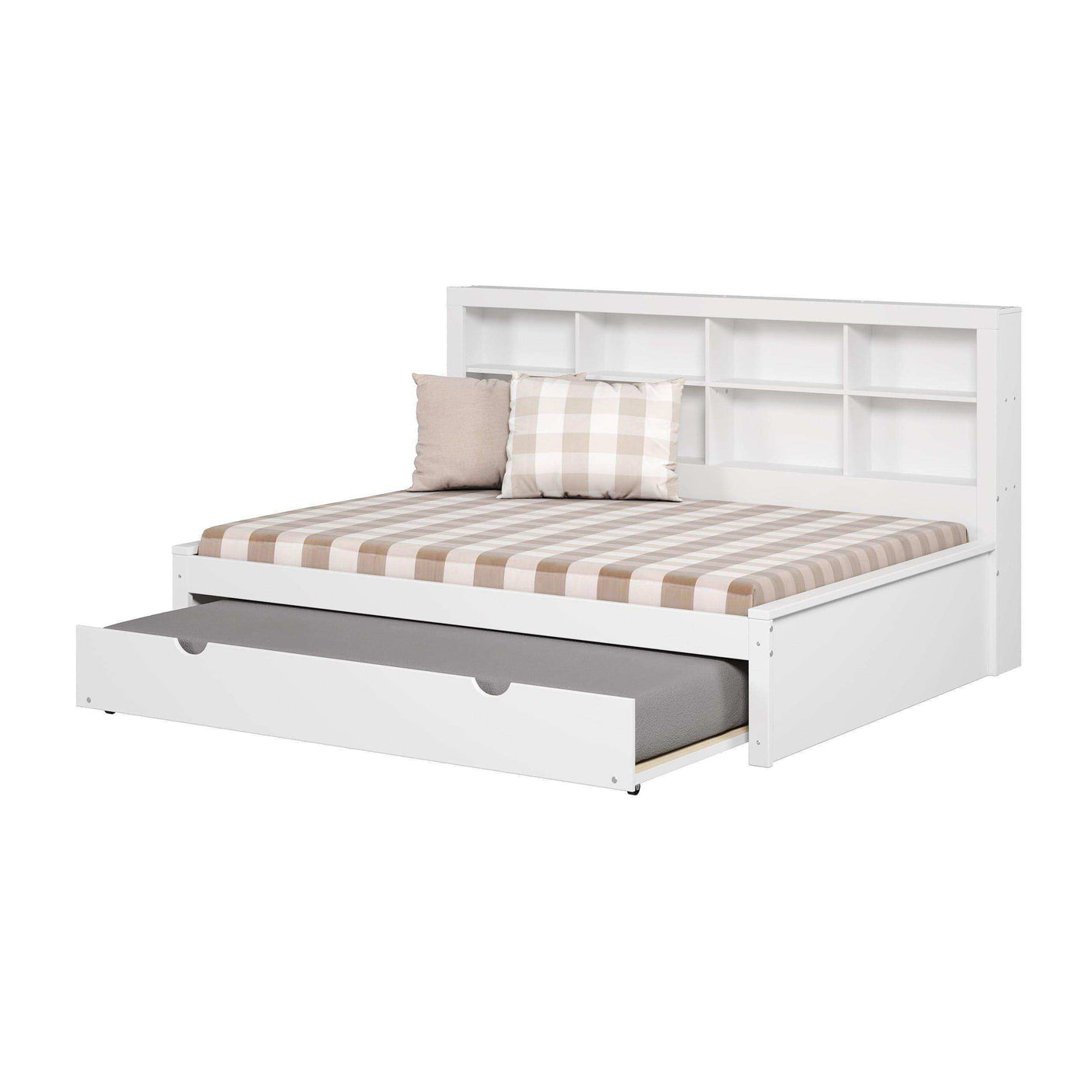 White full daybed with bookcase headboard and pull-out twin trundle bed, plaid bedding