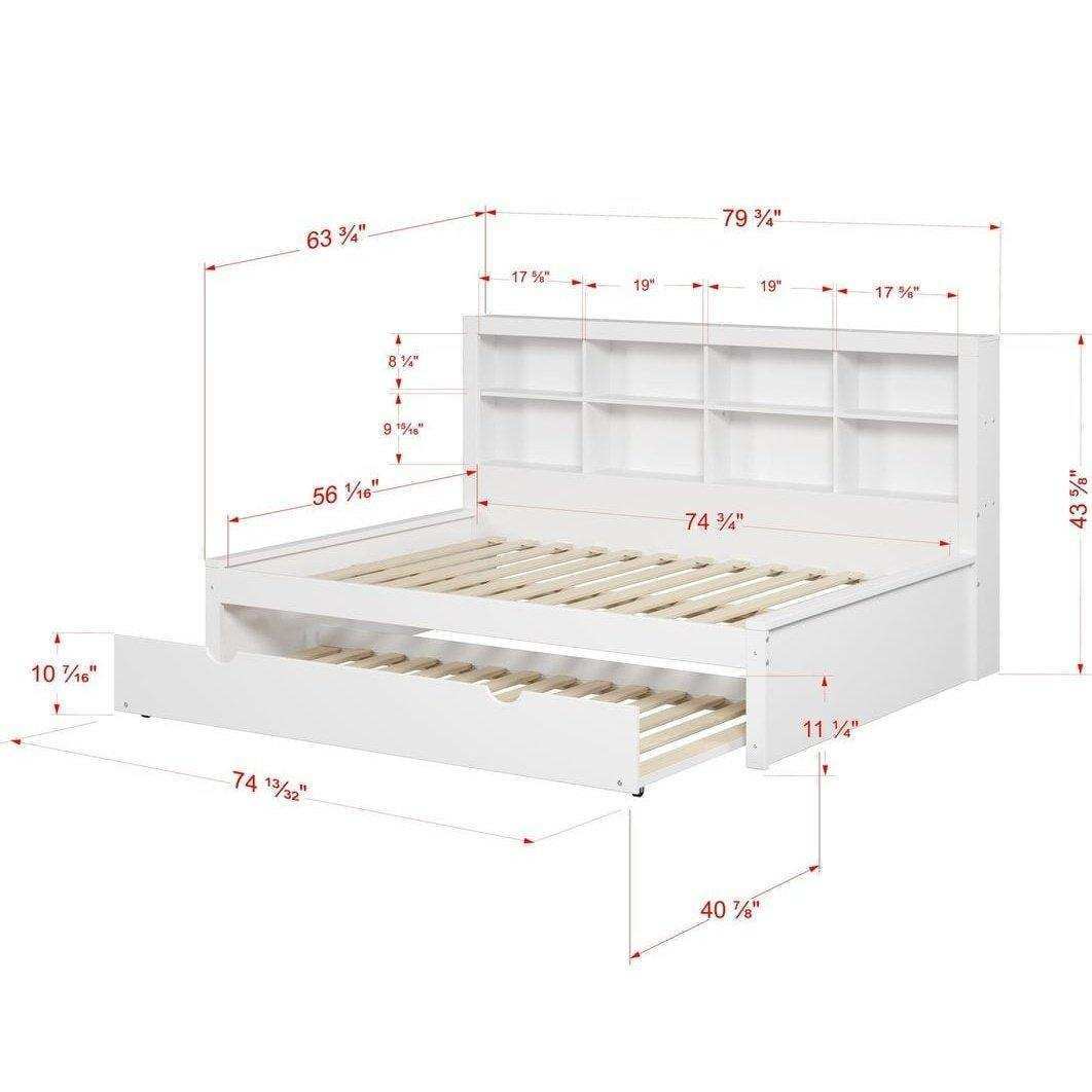 White full daybed with bookcase headboard and twin trundle, detailed dimensions shown