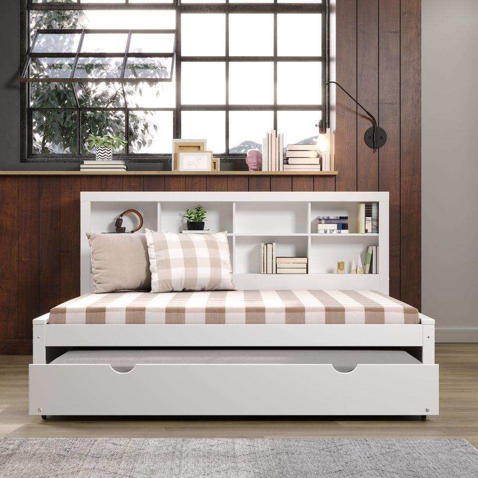 White full daybed bookcase with twin trundle bed in modern wood-accented bedroom