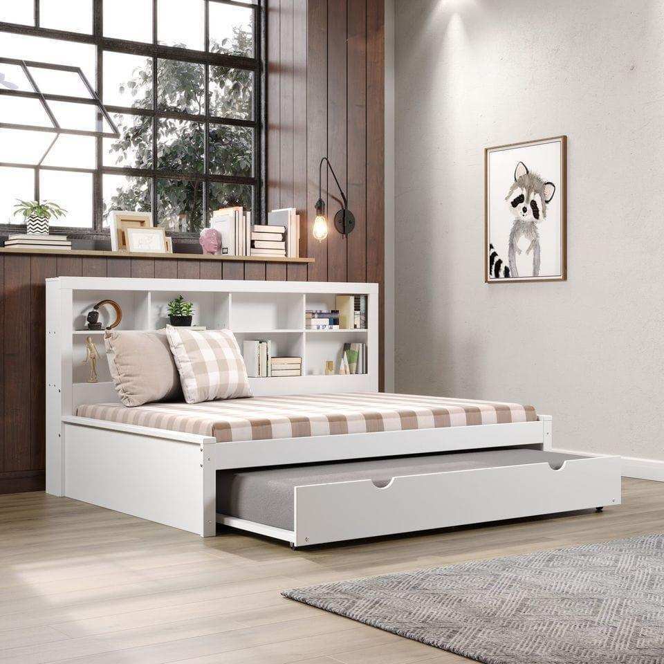 White full daybed with bookcase headboard and twin trundle in modern bedroom