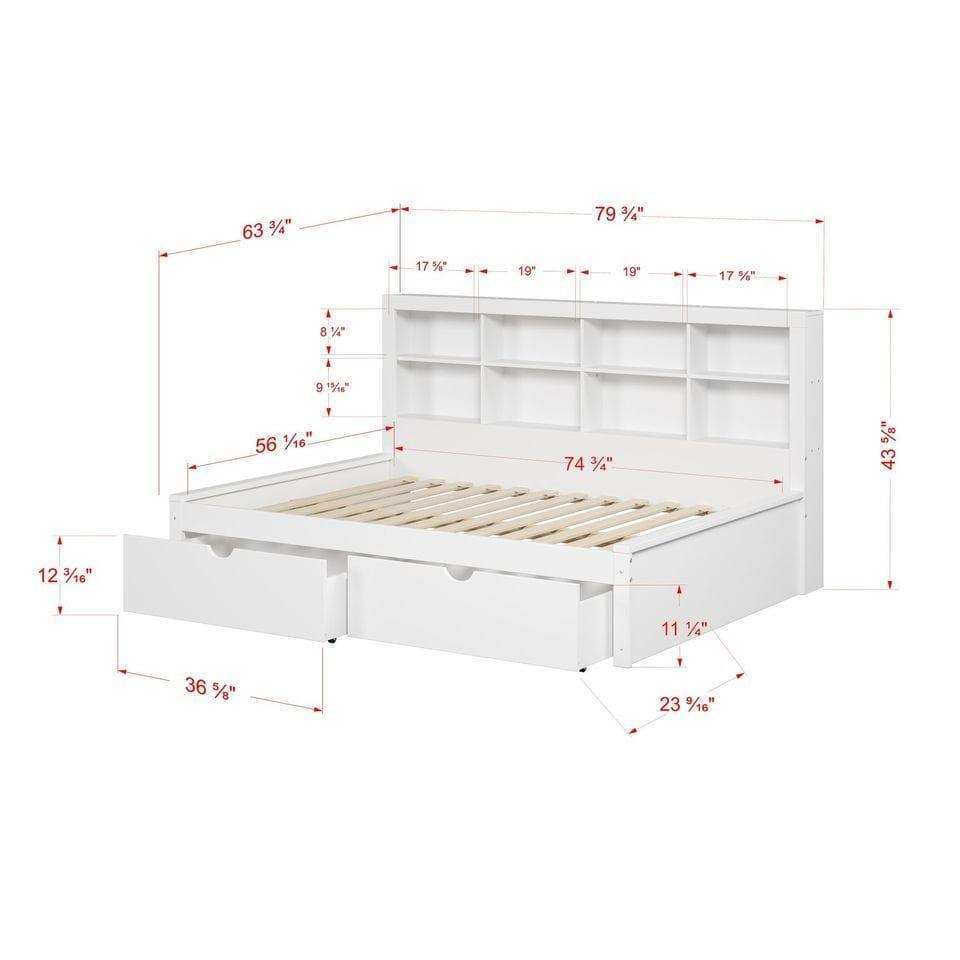Donco  Full Bookcase Day Bed In White W/ Dual Under Bed Drawers 1733-FW_505-W - Bedroom Depot USA