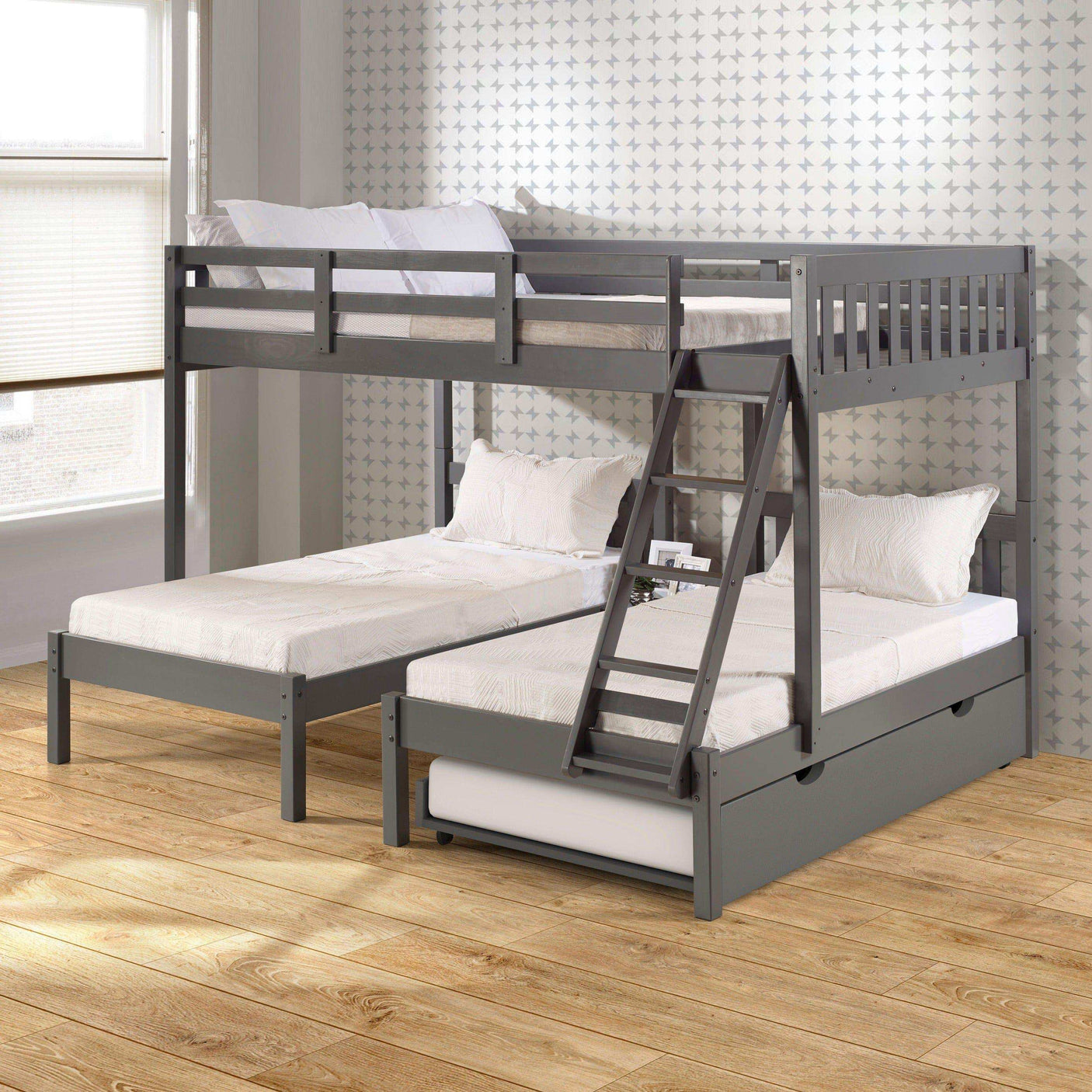 Dark gray full over double twin loft bunk bed with trundle in modern bedroom
