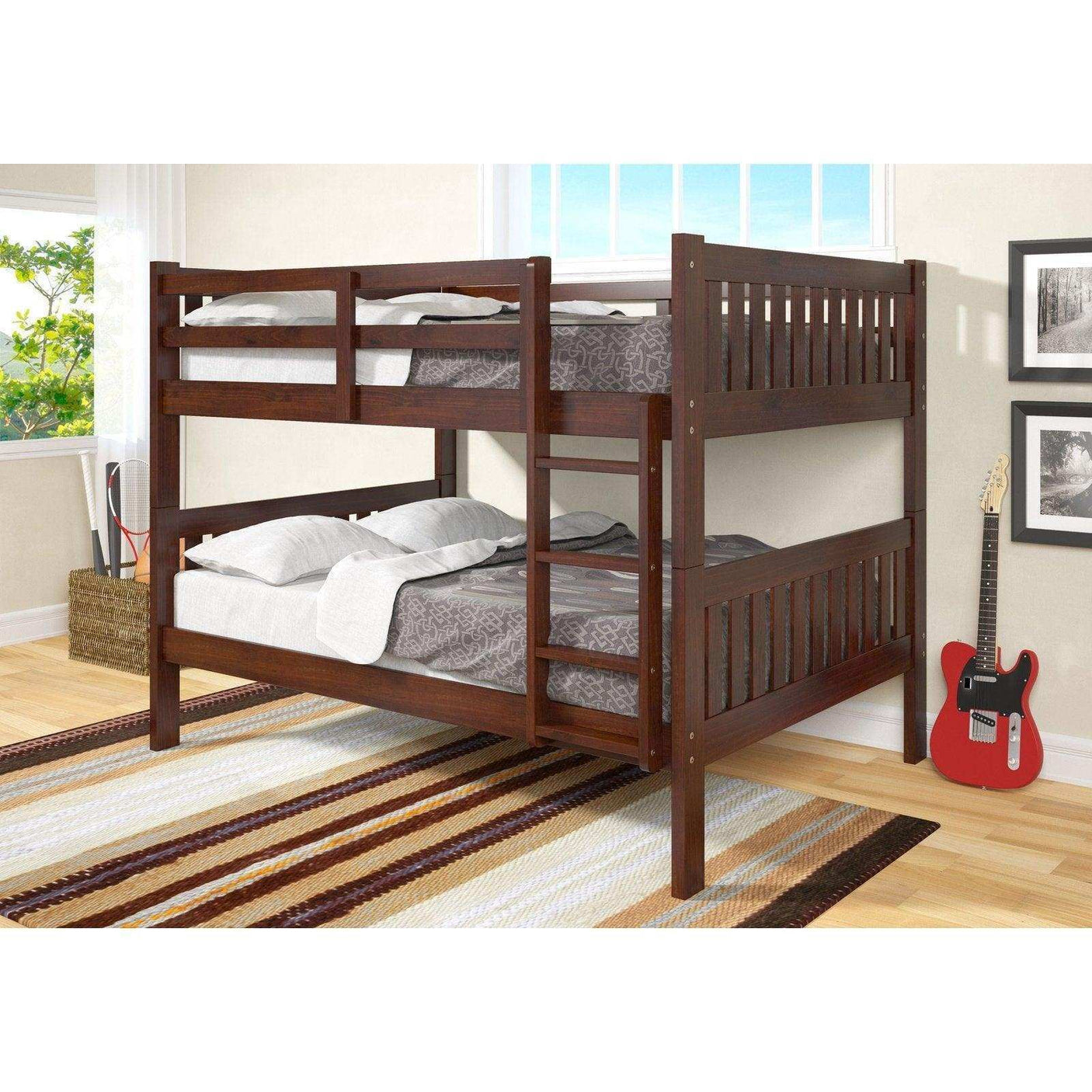 Full over full cappuccino wood bunk bed in modern bedroom with guitar and striped rug