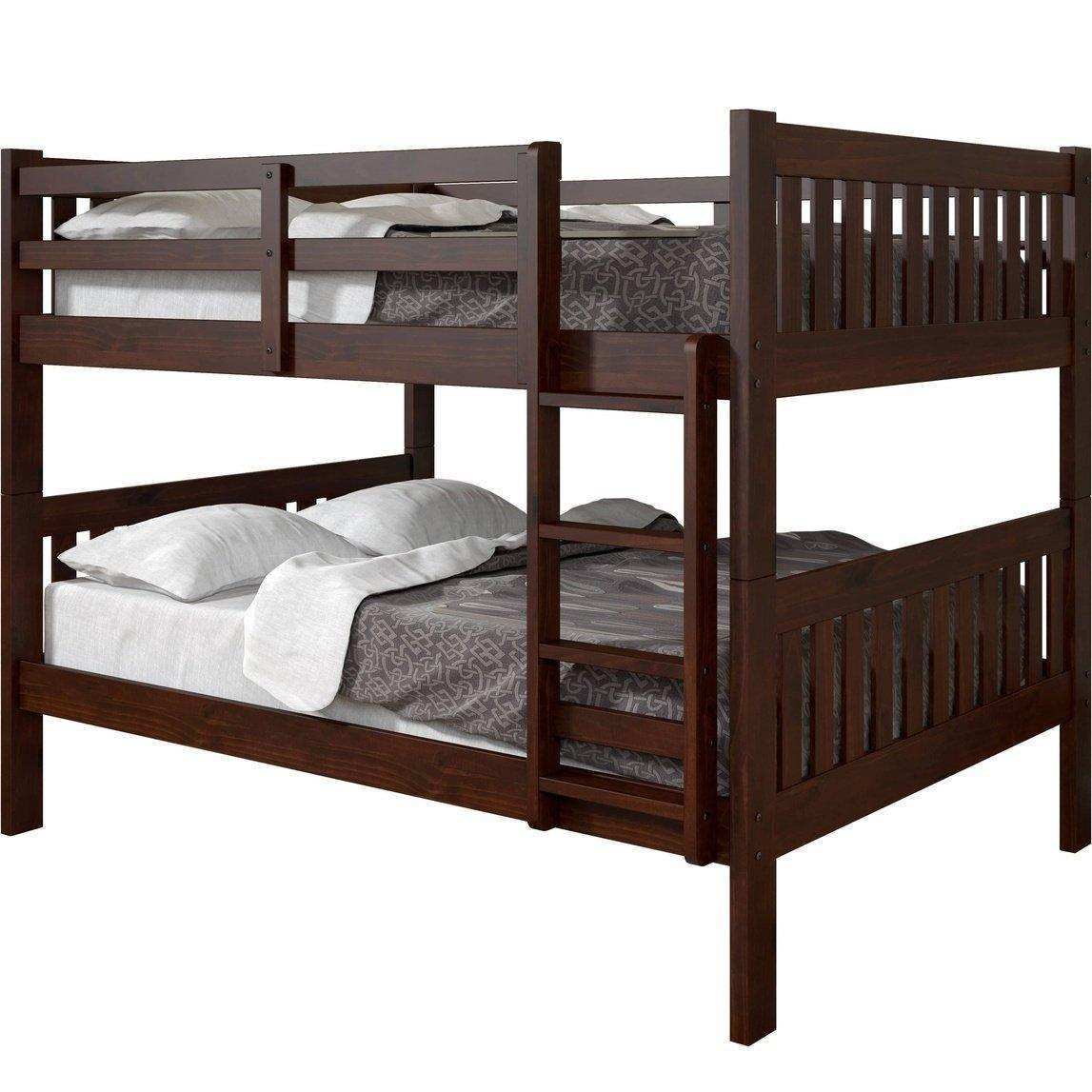 Full over full cappuccino wood bunk bed with ladder and gray bedding