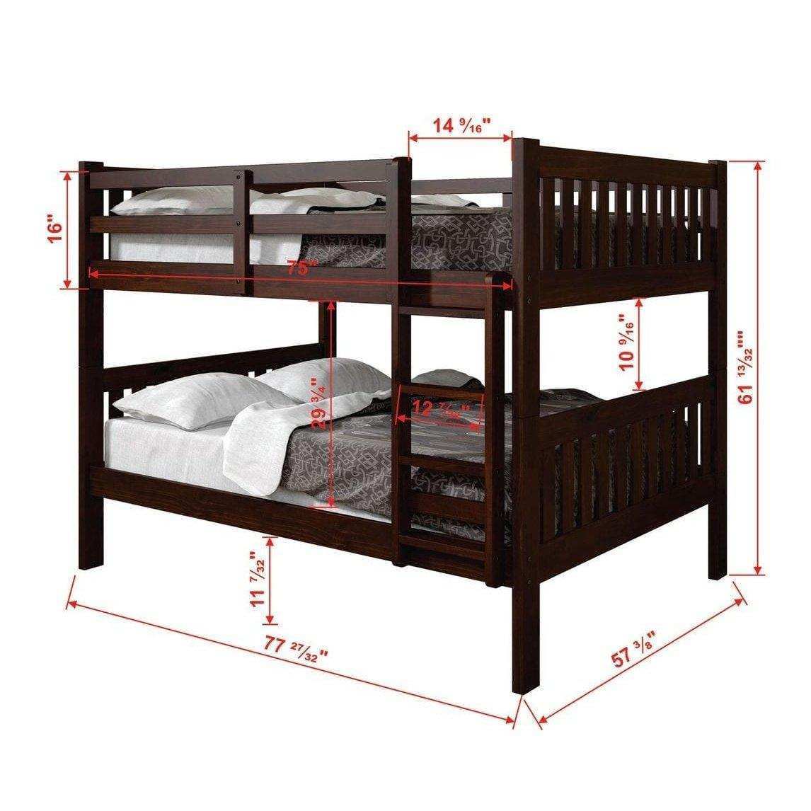 Full over full mission bunk bed in cappuccino finish with measurements, wood slat design