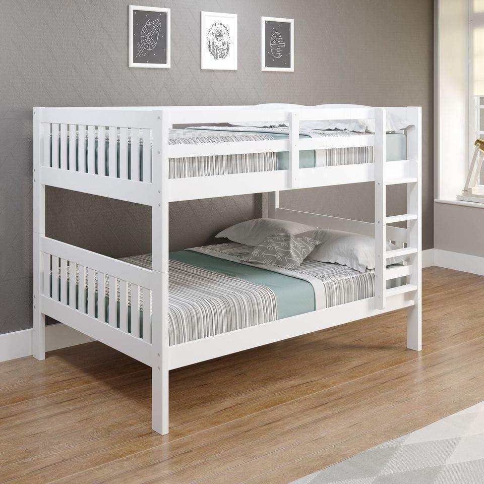 White full over full mission bunk bed in modern bedroom with striped bedding