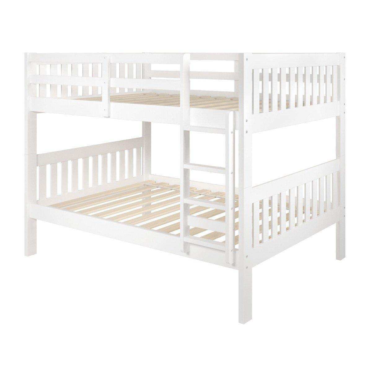White full over full wooden mission bunk bed with ladder, slatted design