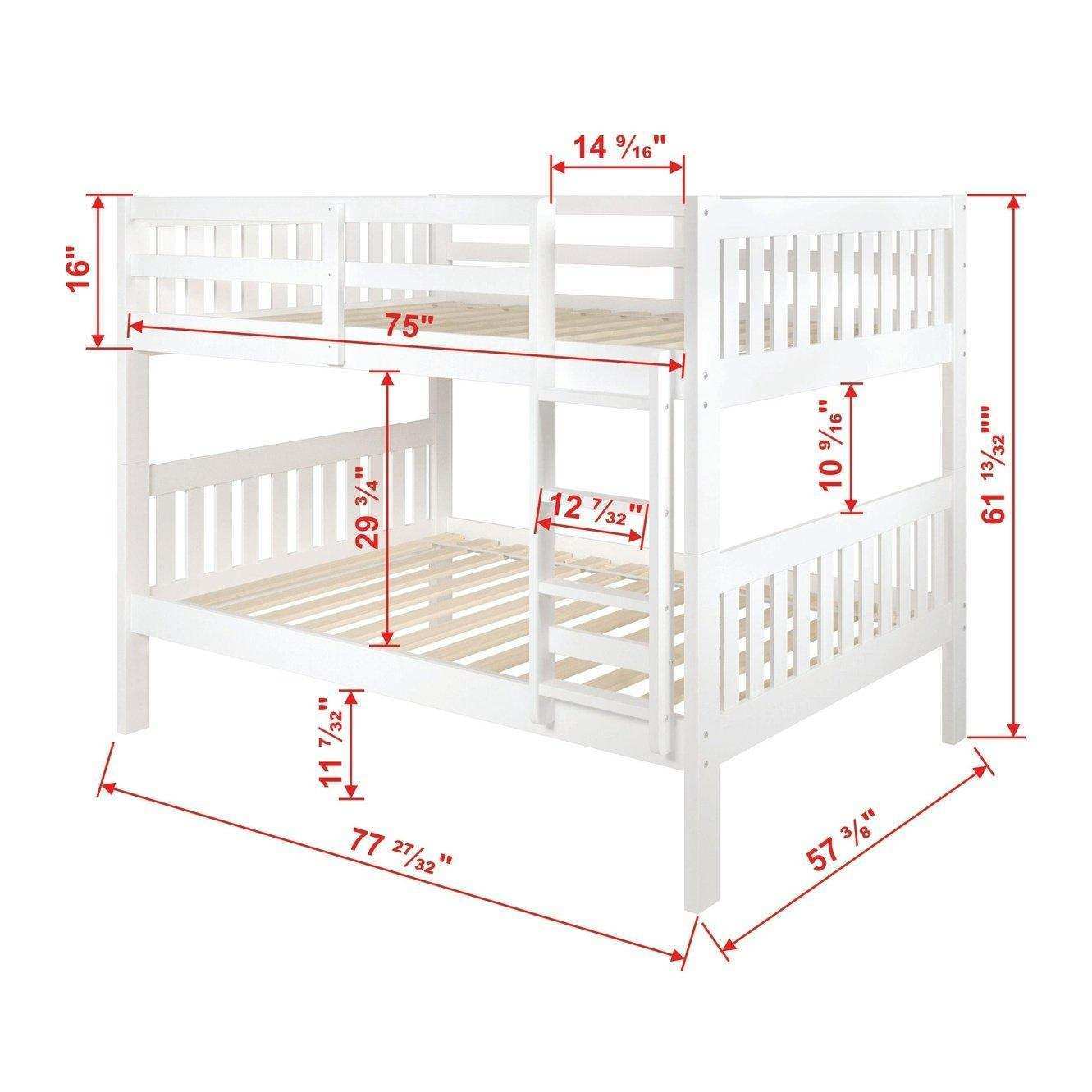 White full over full mission bunk bed with precise dimensions annotated in inches.