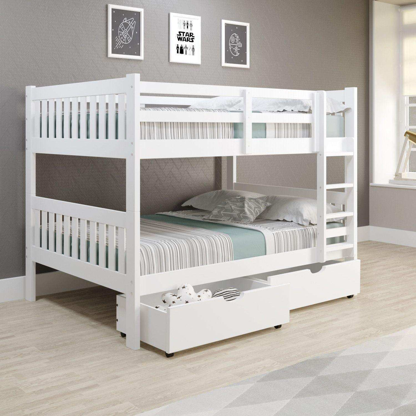 White full over full mission bunk bed with dual storage drawers in modern bedroom