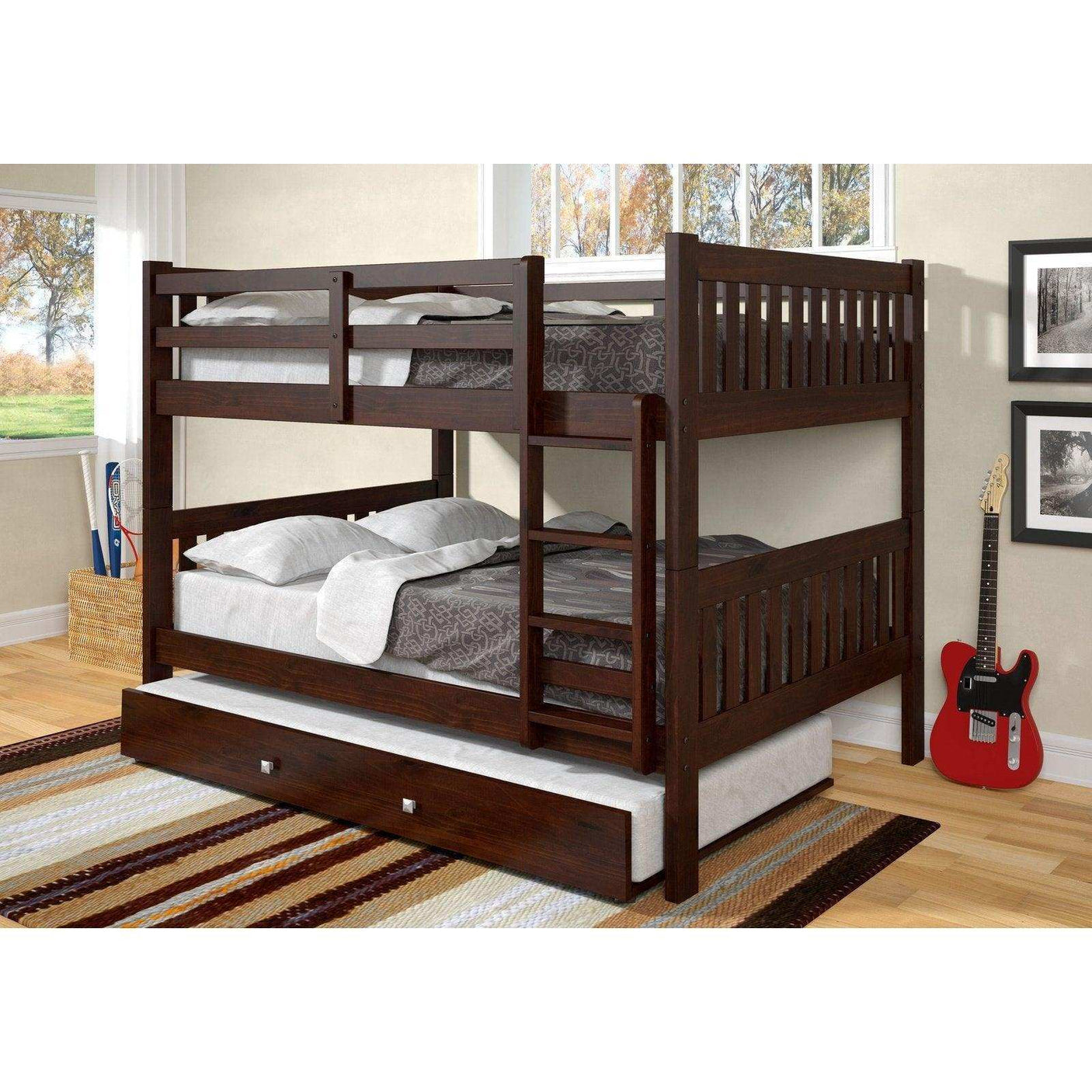 Dark wood full over full mission bunk bed with trundle in modern bedroom, striped rug, guitar.