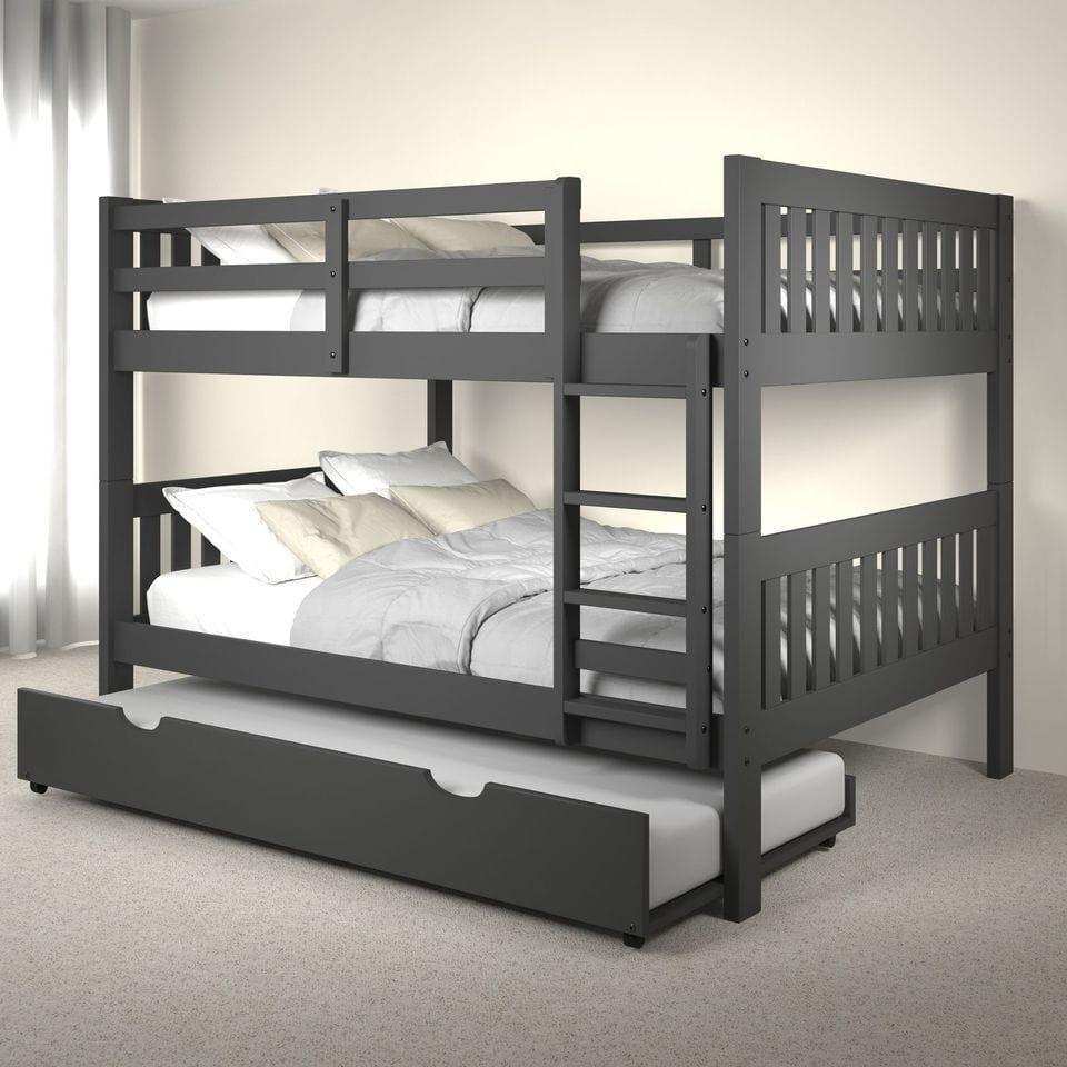 Modern full over full bunk bed with trundle in grey wood in a carpeted bedroom