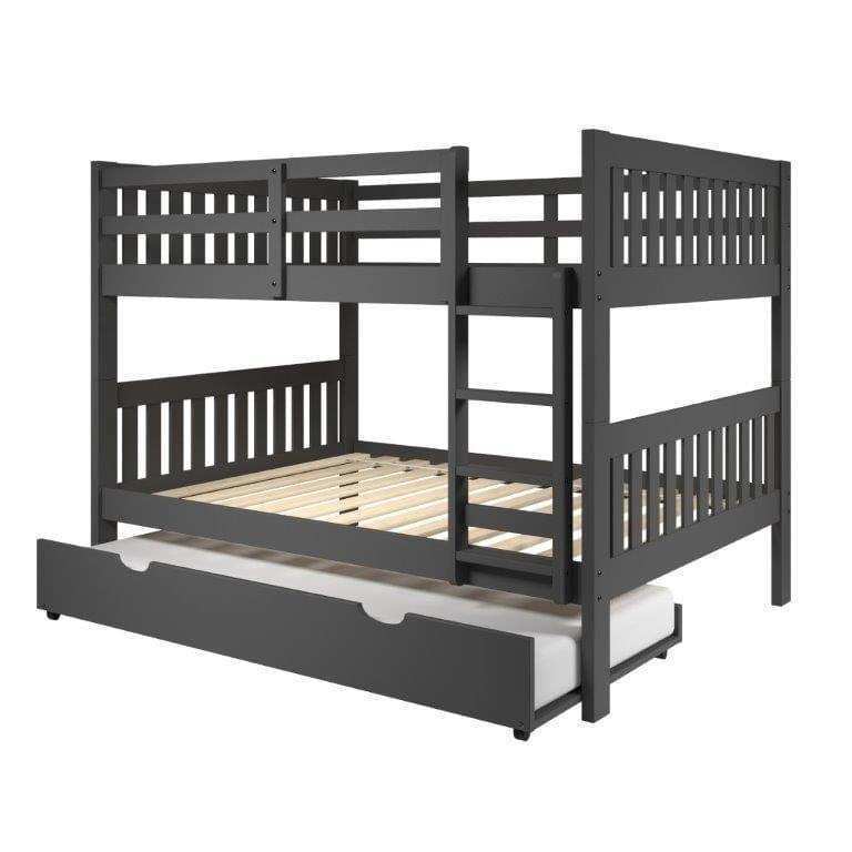 Gray full-over-full wood bunk bed with trundle and ladder, modern mission style