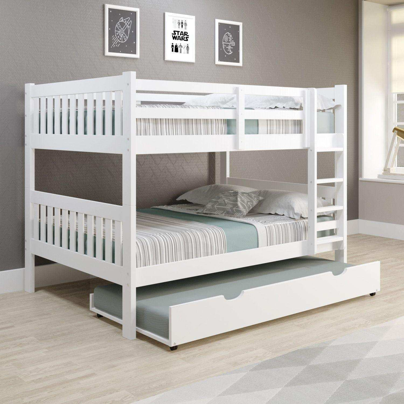 White full over full bunk bed with twin trundle in modern bedroom, wall art above