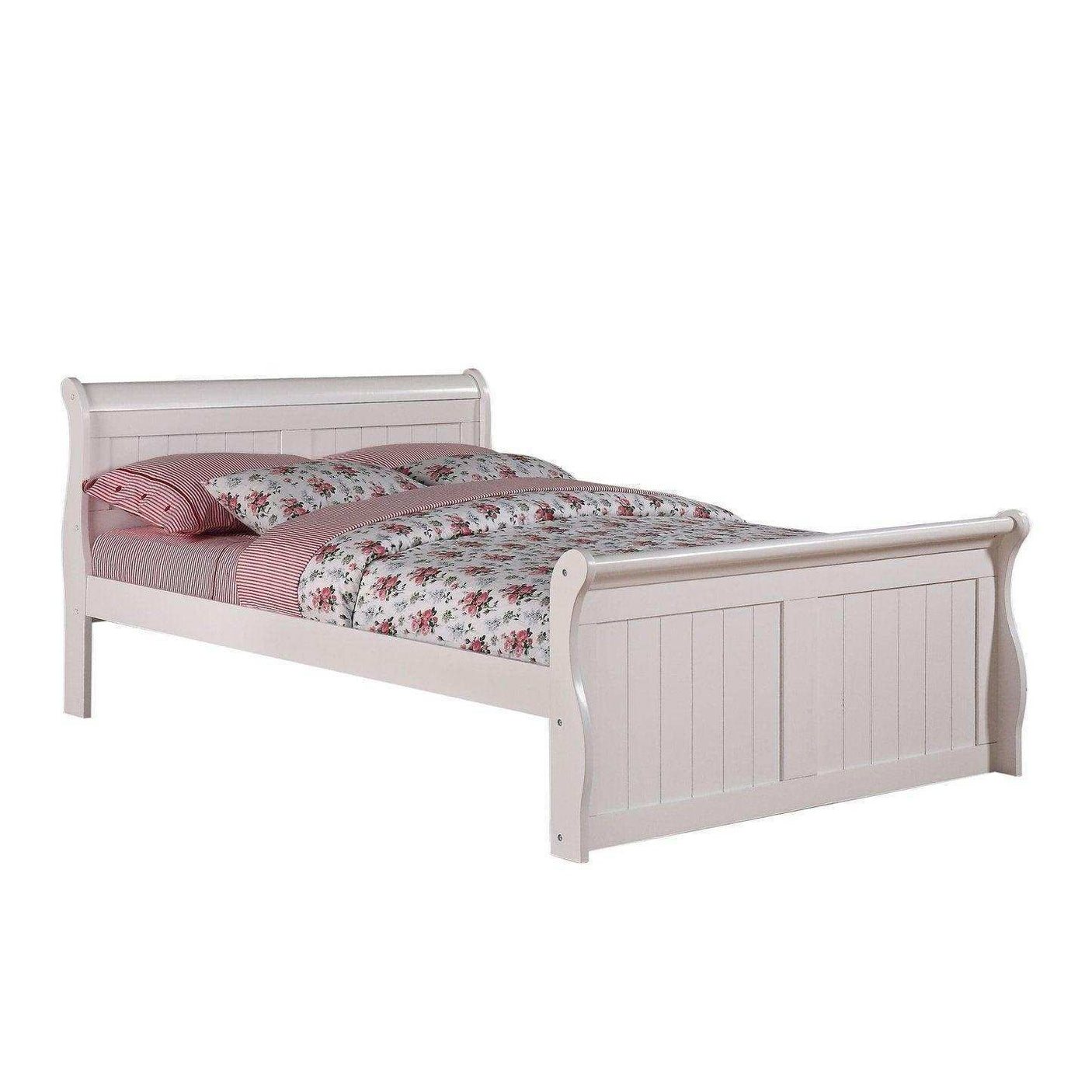 Donco white full sleigh bed with floral bedding in a minimalist bedroom setting