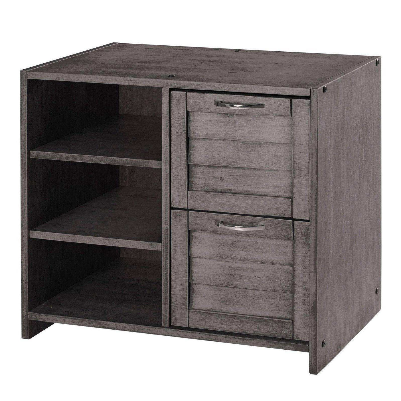 Gray wooden low loft chest with two drawers and open shelves