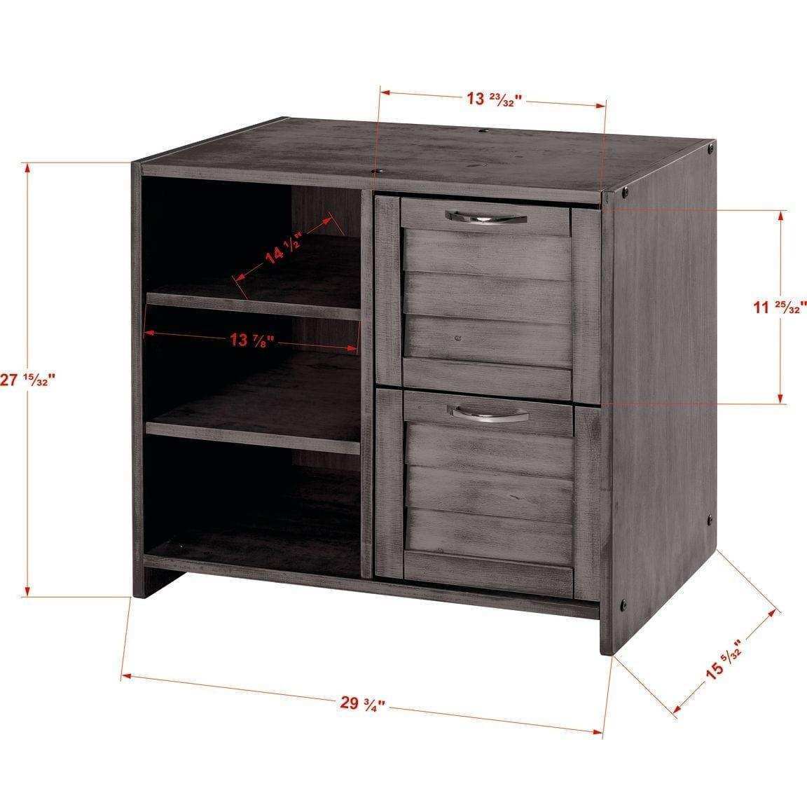 Gray wooden low loft chest with 2 drawers, shelves, and visible dimensions