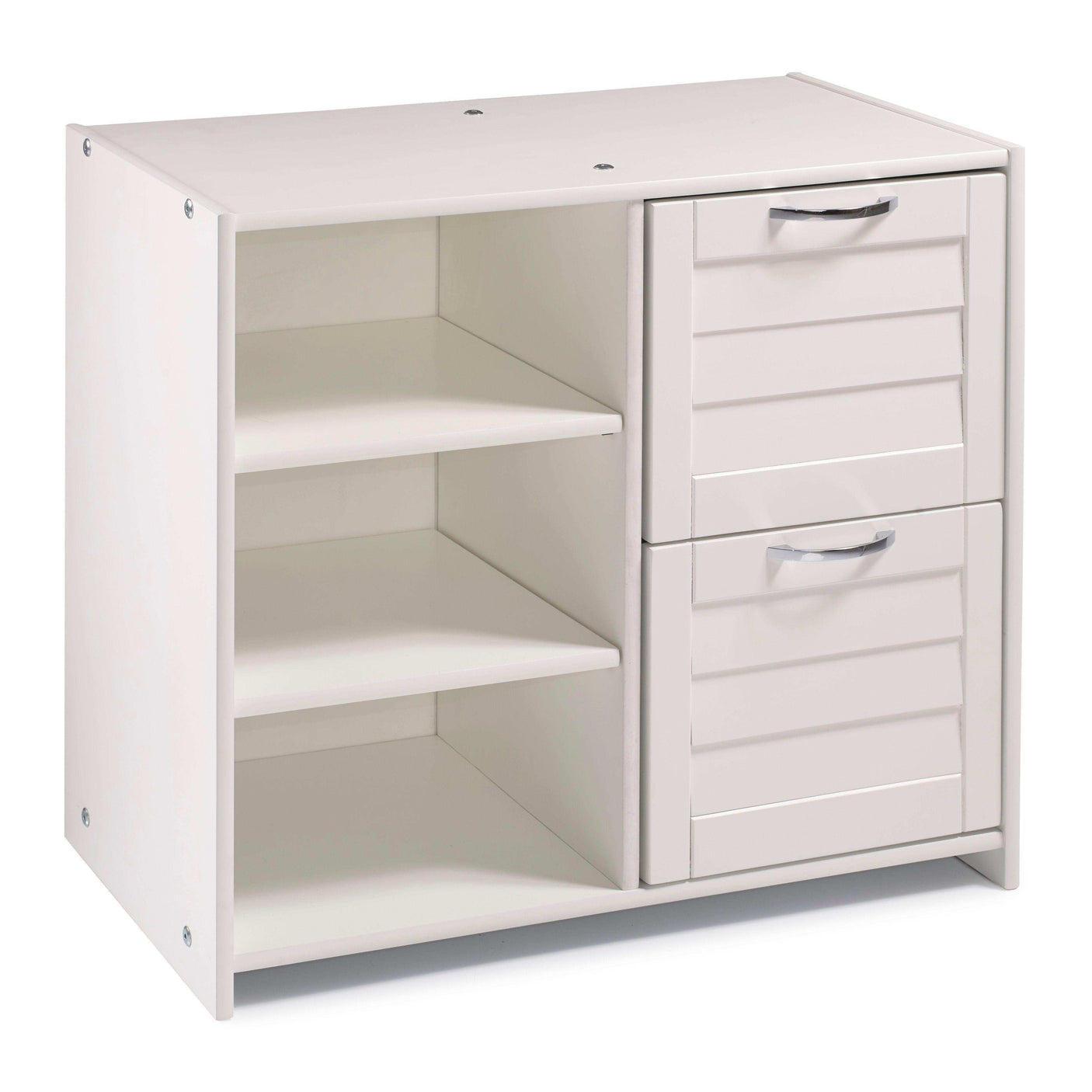 White low loft chest with 2 drawers and open shelves, modern bedroom storage furniture