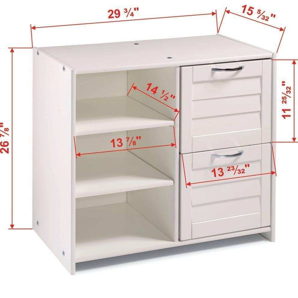 White 2-drawer low loft chest with shelves, featuring detailed measurements