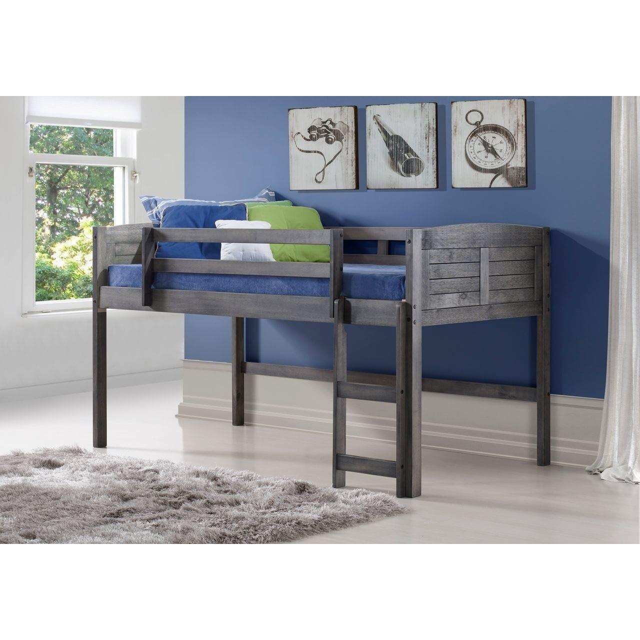 Gray wood low loft bed with ladder in modern kids room, blue wall, wall art, shag rug