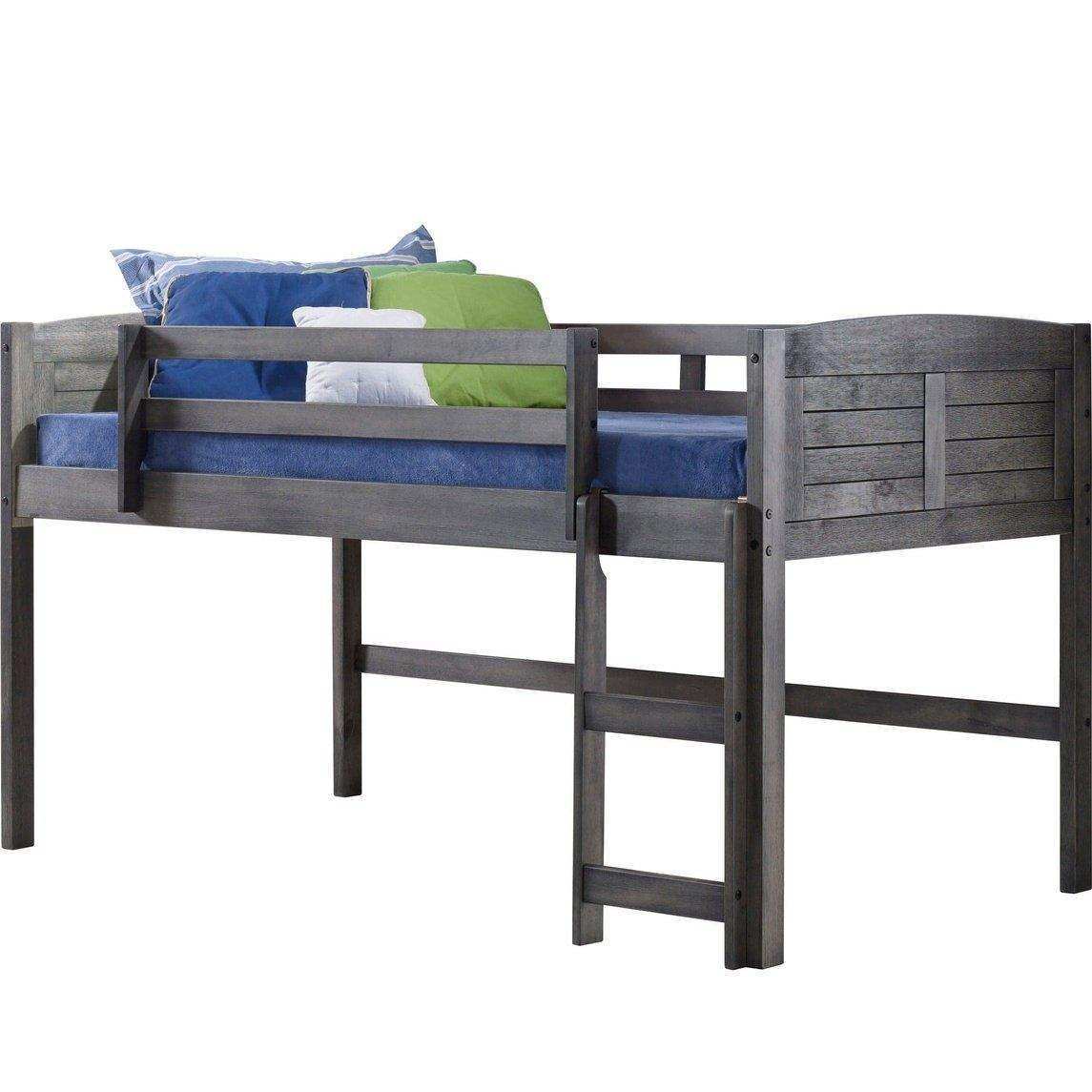 Gray wooden low loft bed with ladder, blue mattress, and colorful pillows