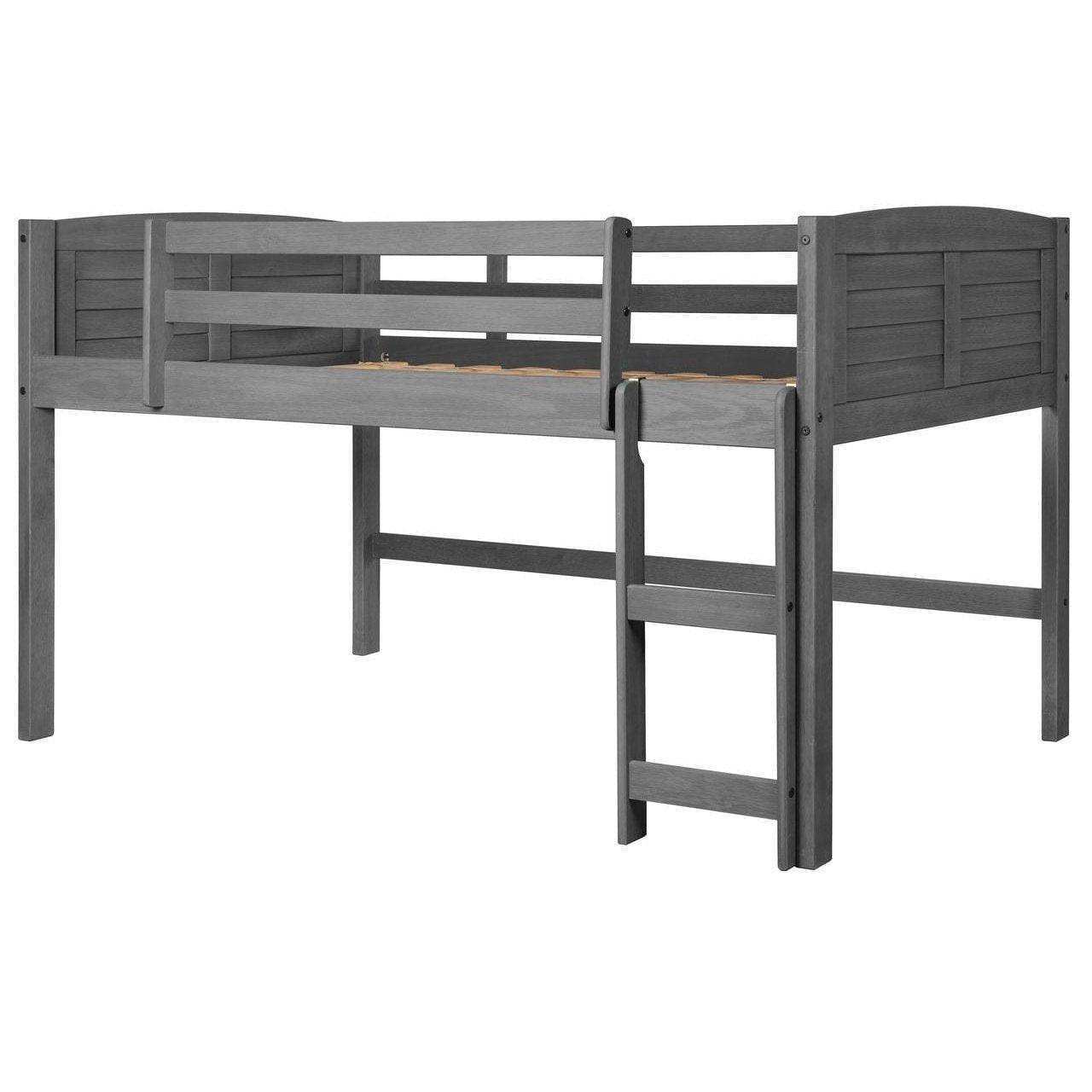 Gray wooden low loft bed with ladder, slatted sides, and elevated frame