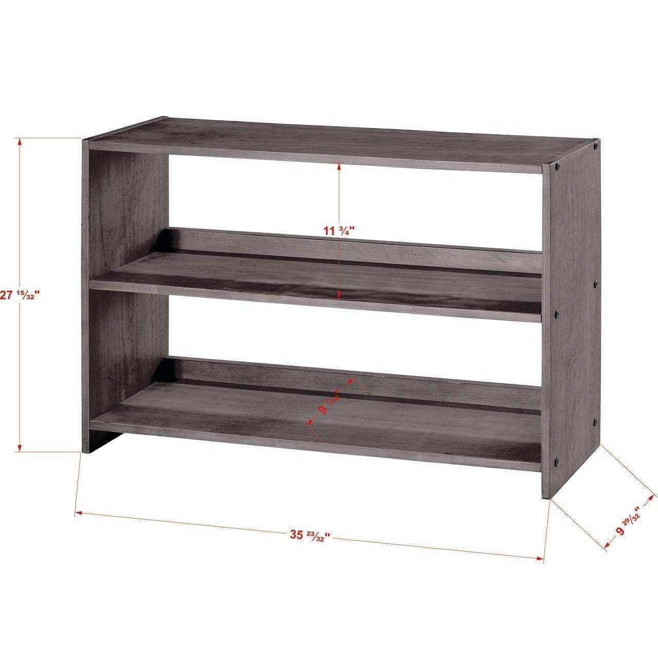 Gray wooden bookcase with two shelves, product dimensions labeled in red text