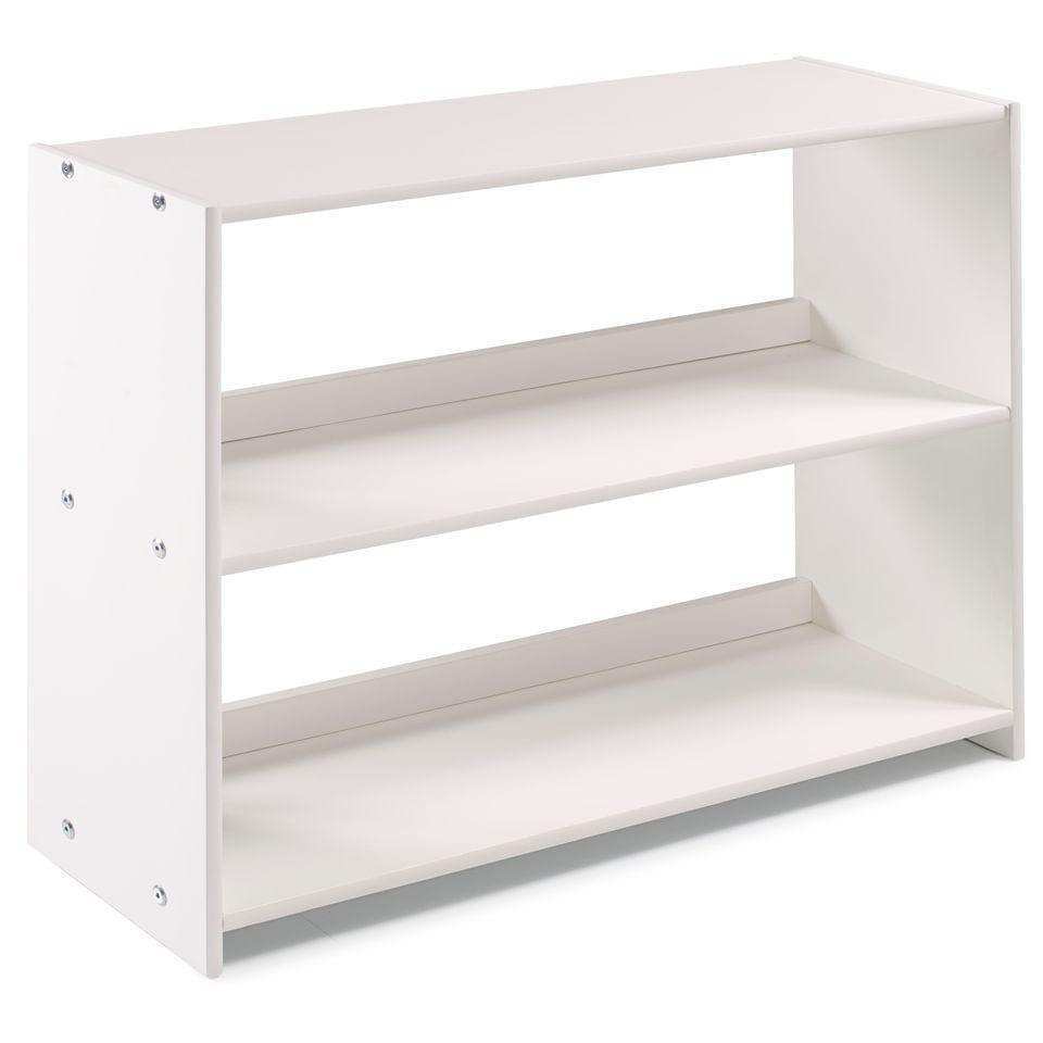 White wooden bookcase with two shelves, minimalist design, suitable for bedroom storage