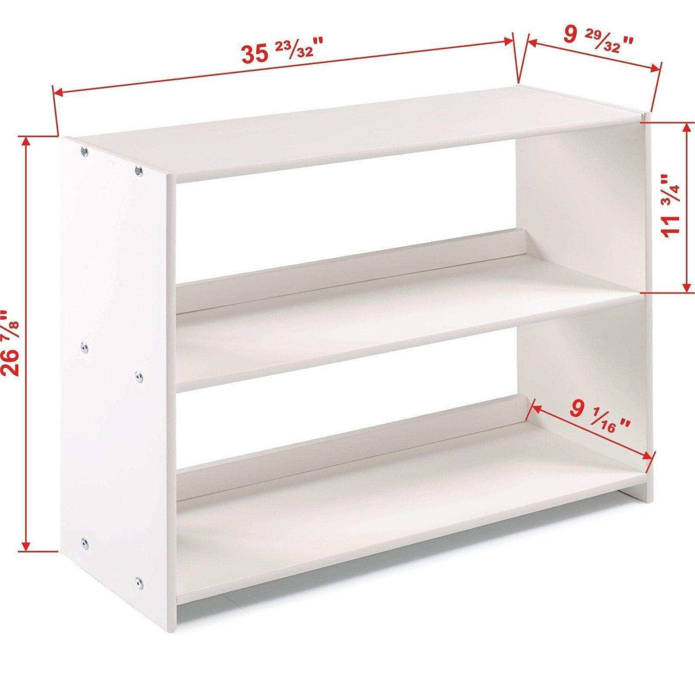 White low loft bookcase with three shelves and red measurement annotations.
