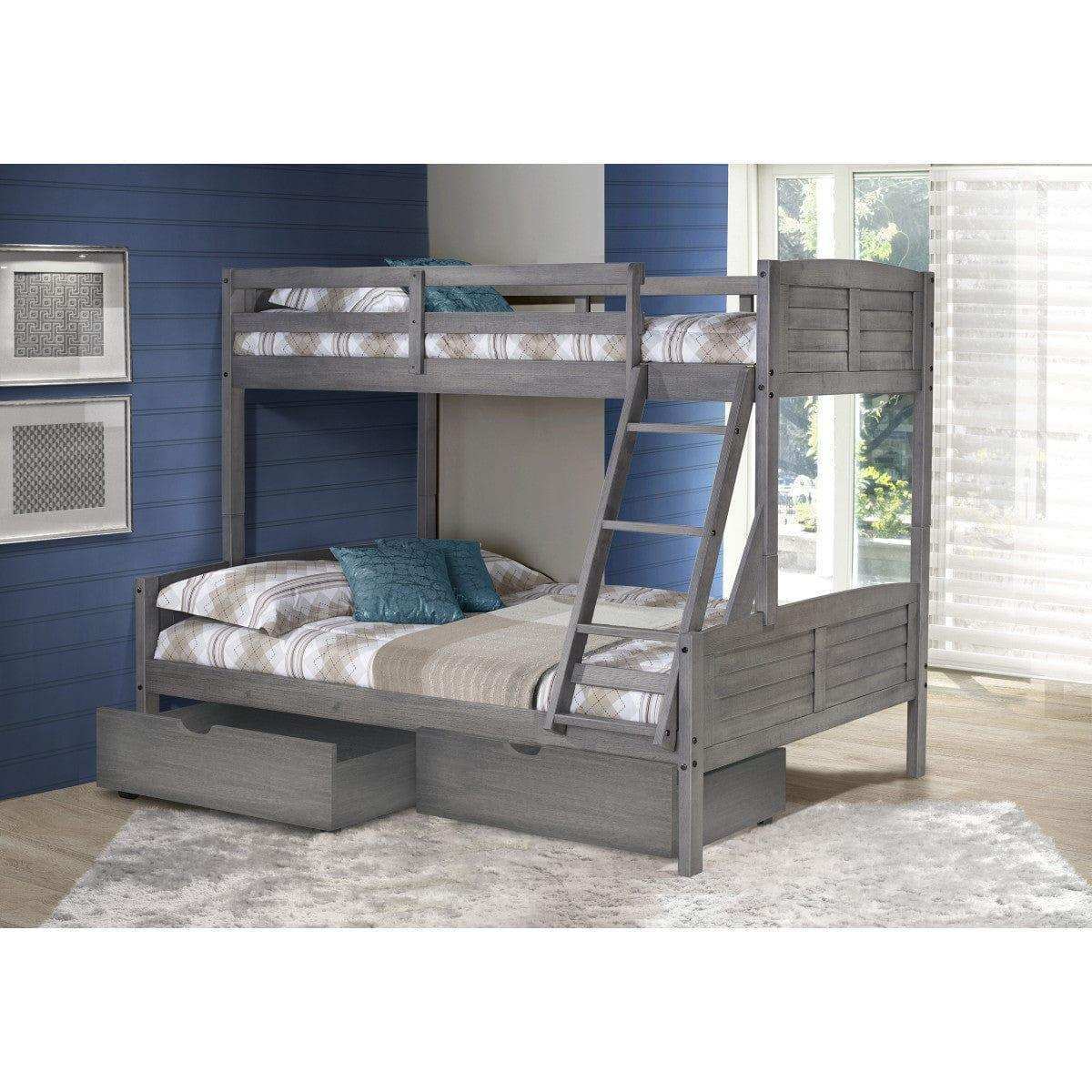 Donco Twin/Full Louver Bunk Bed With Dual Under Bed Drawers In Antique Grey Finish 2012-TFAG_505-AG - Bedroom Depot USA