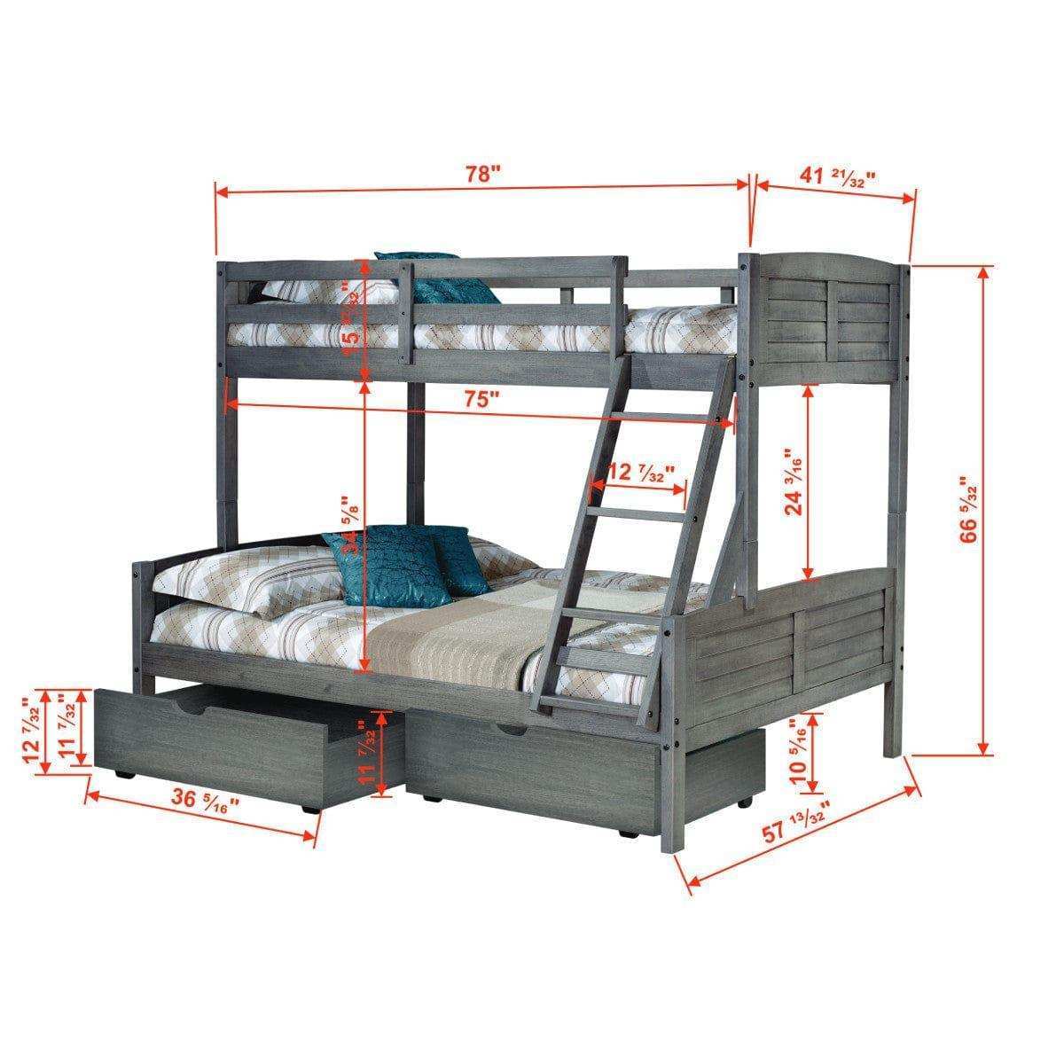 Donco Twin/Full Louver Bunk Bed With Dual Under Bed Drawers In Antique Grey Finish 2012-TFAG_505-AG - Bedroom Depot USA