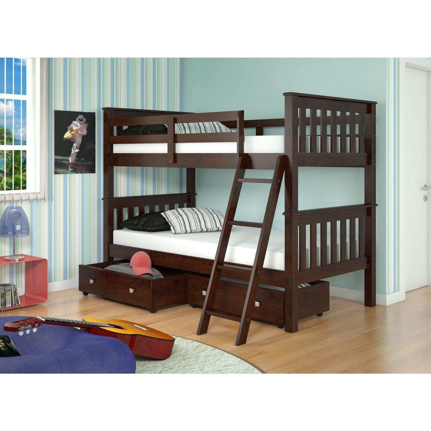 Donco Mission Bunkbed Cappuccino With Slat Kit And Dual Under Bed Drawers Dark Cappuccino 120-1-TTCP_TT_505-CP - Bedroom Depot USA