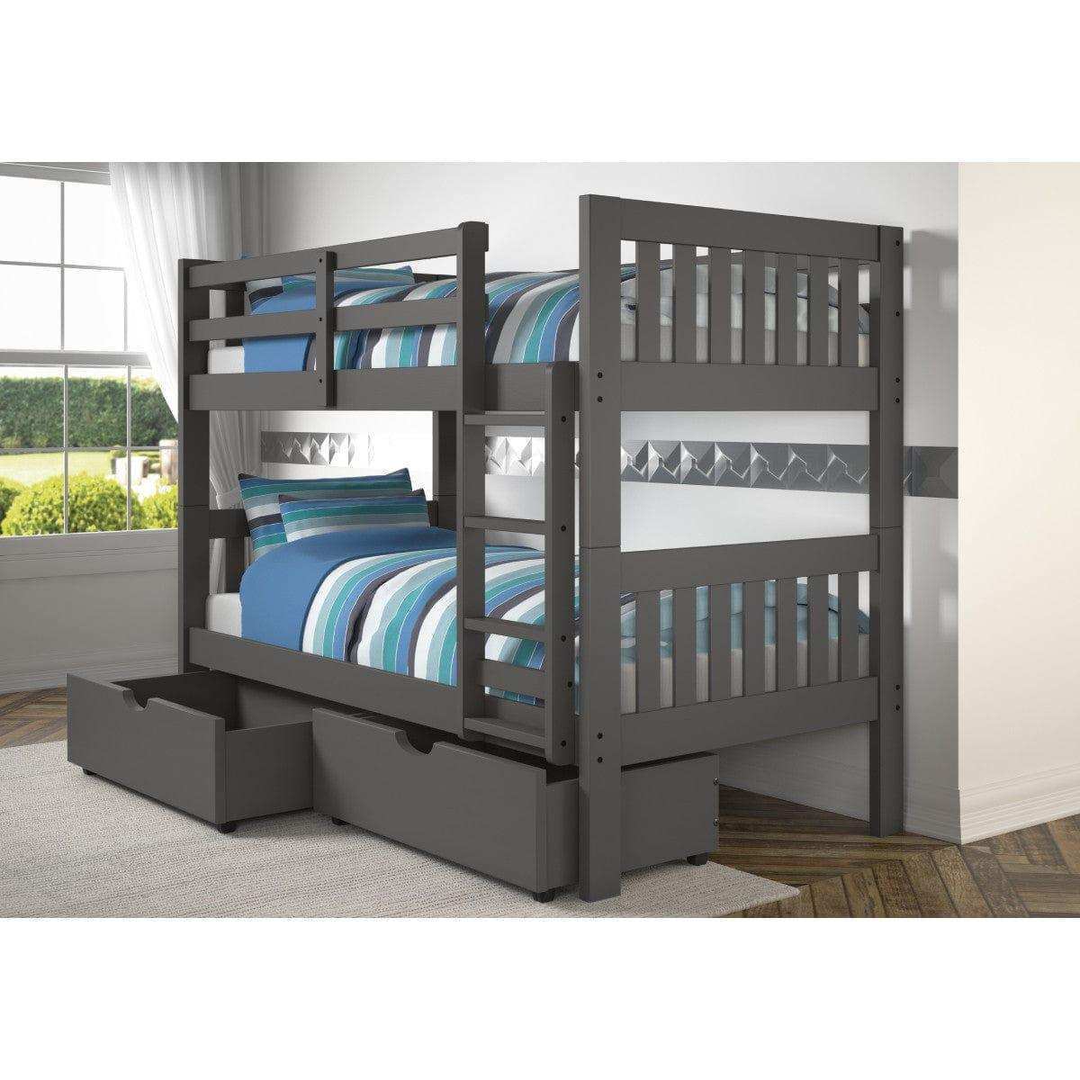 Dark gray mission bunk bed with dual storage drawers in modern bedroom
