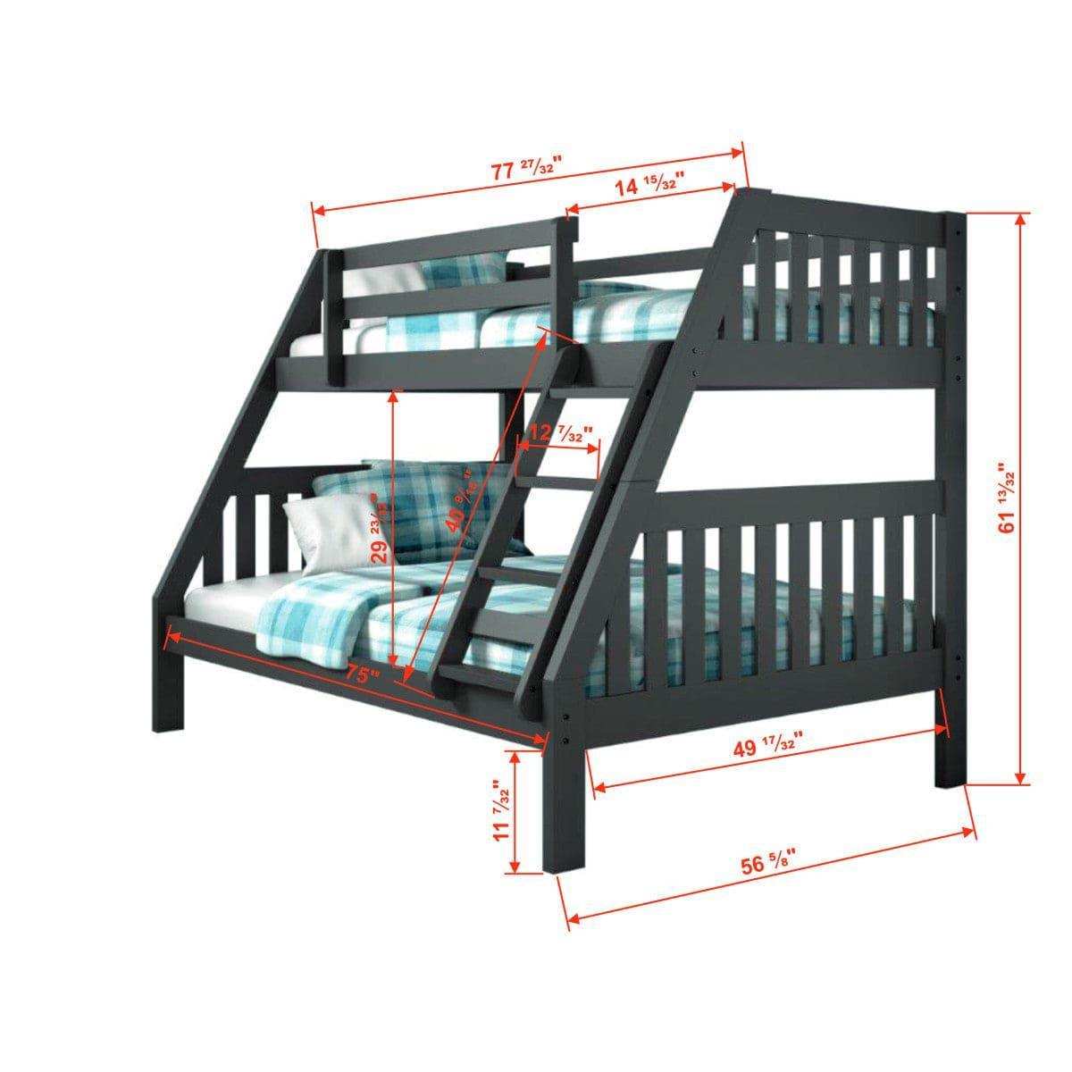 Donco Mission twin over full bunk bed in dark gray with blue plaid bedding and dimension labels