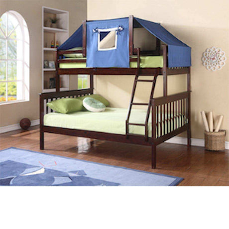 Donco Twin/Full Mission Bunk Bed W/Blue Bunk Bed Tent Kit In Dark Cappuccino Finish 122-3-TFCP_755CP_755B - Bedroom Depot USA