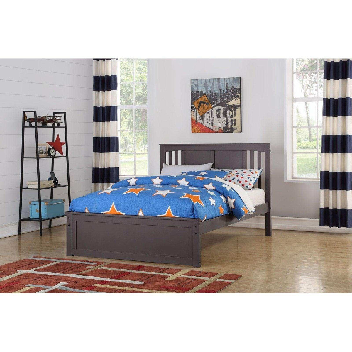 Donco Princeton full bed in slate gray with blue star bedding in a modern bedroom