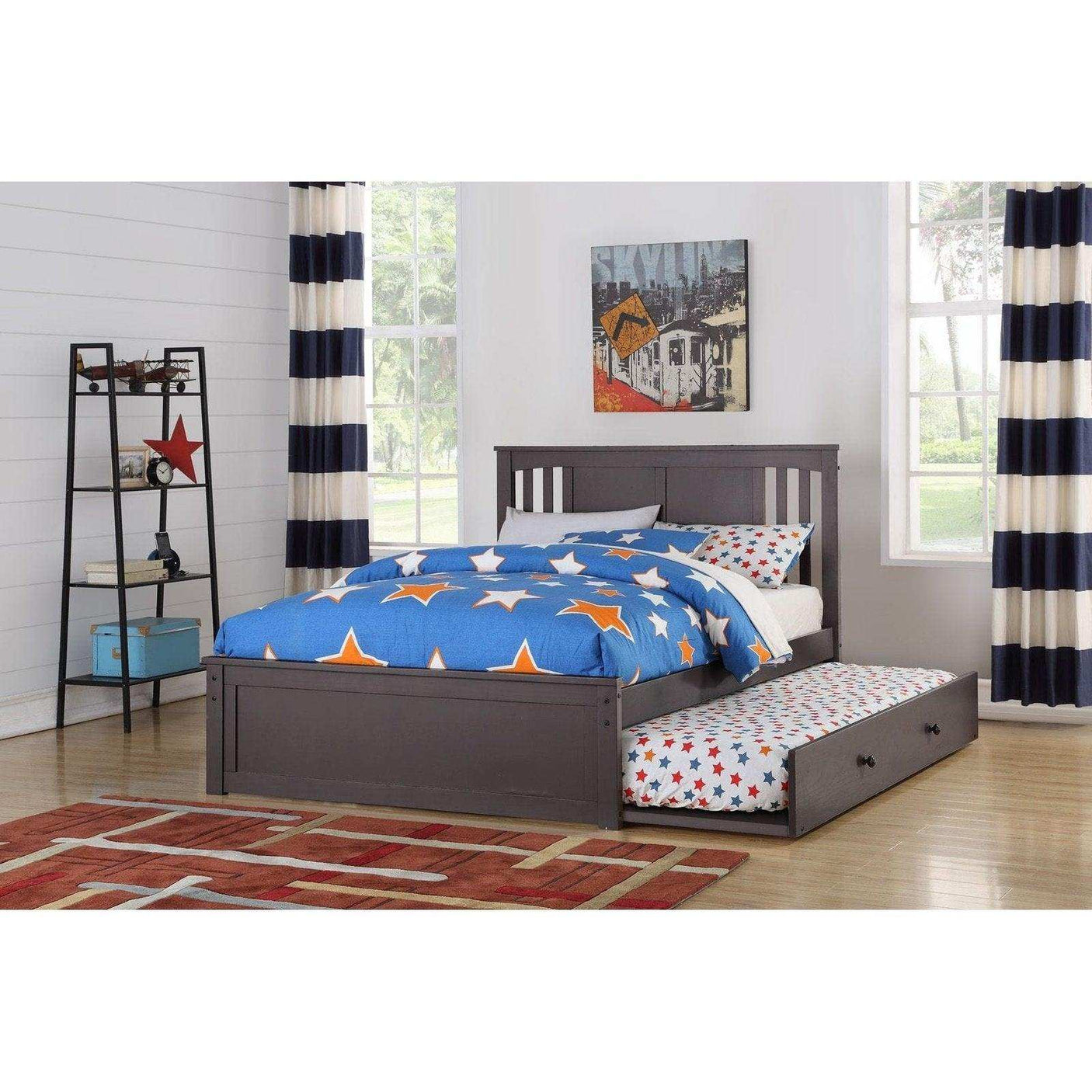 Slate gray full bed with trundle in modern bedroom, blue star bedding, striped curtains