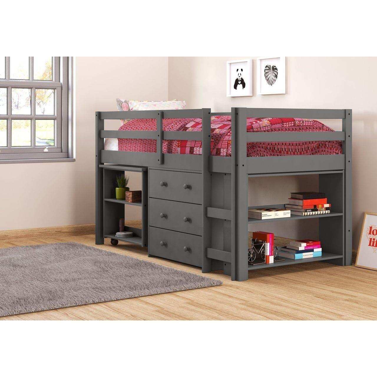 Donco Low Loft Bed with Desk, Bookcase, and Storage - Bedroom Depot USA