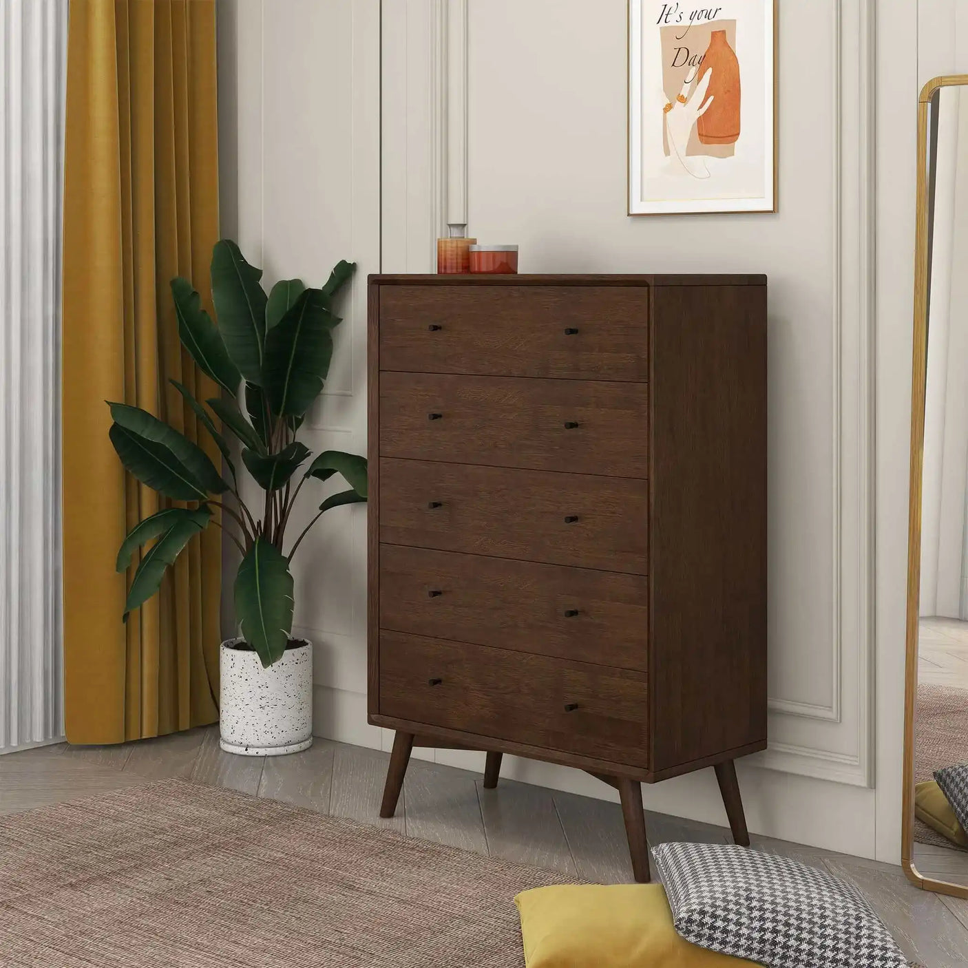 Mid-century modern brown wood dresser with five drawers in a stylish bedroom corner