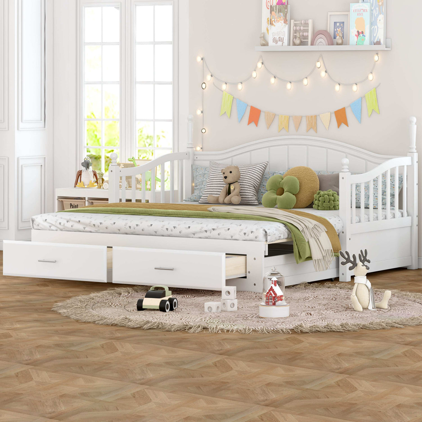 Twin Daybed, Extends to King Size, Trundle with Two Drawers, White